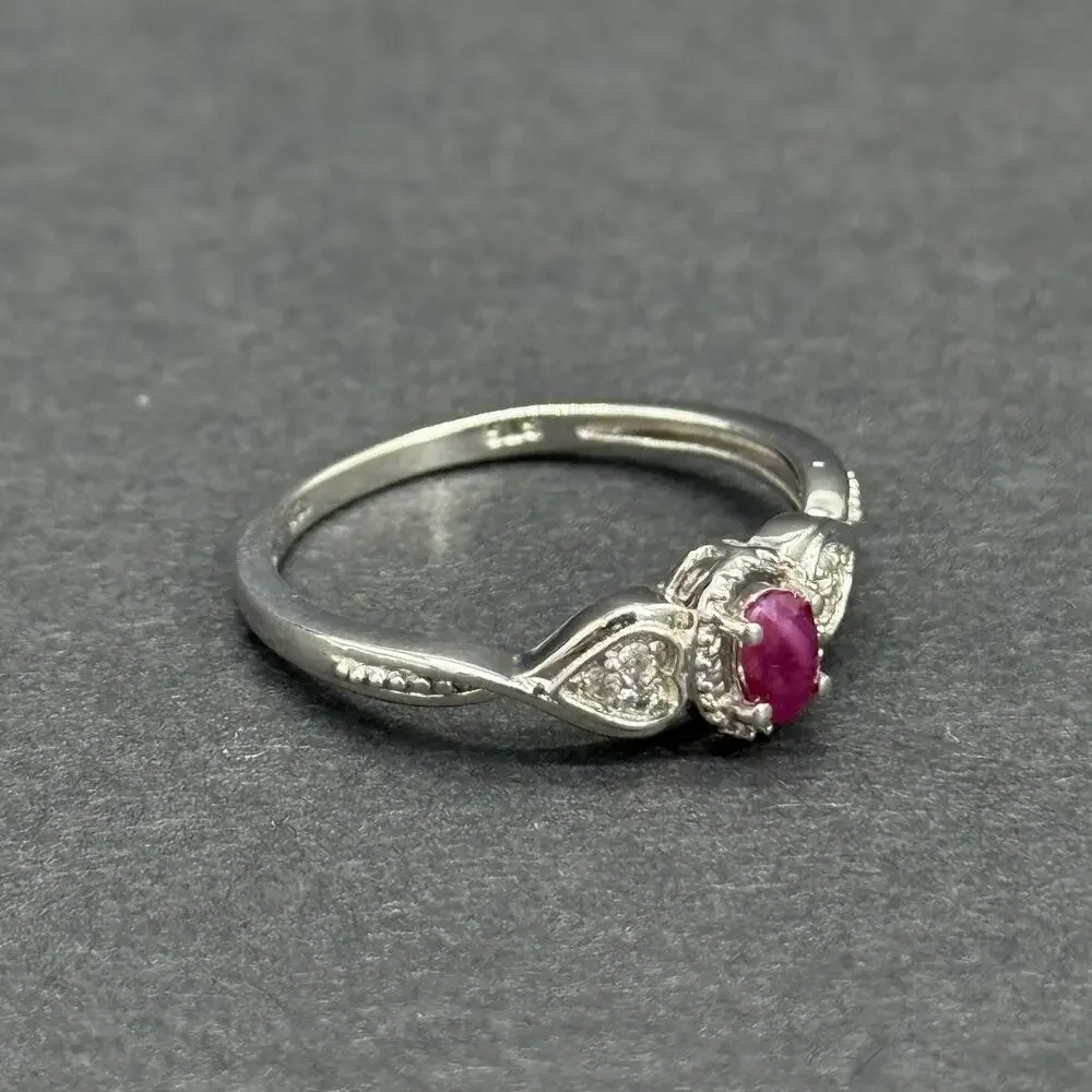 Signed STS 925 Sterling Silver Oval Ruby White Topaz Heart Accent Ring Size 9